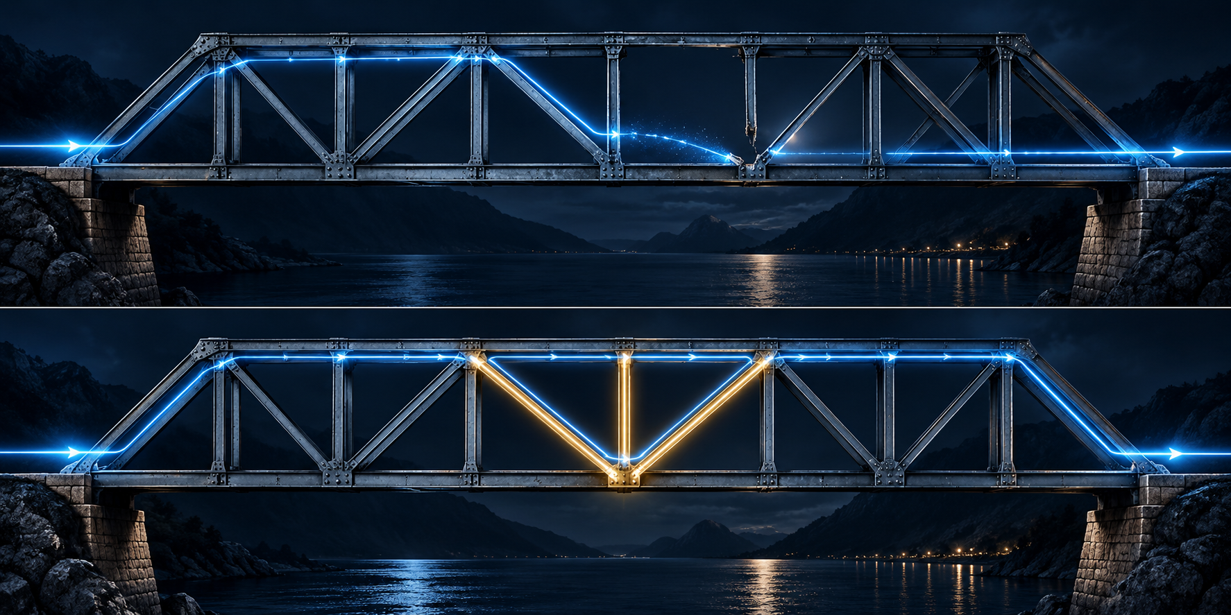 Illustration of a steel bridge carrying force around a broken support