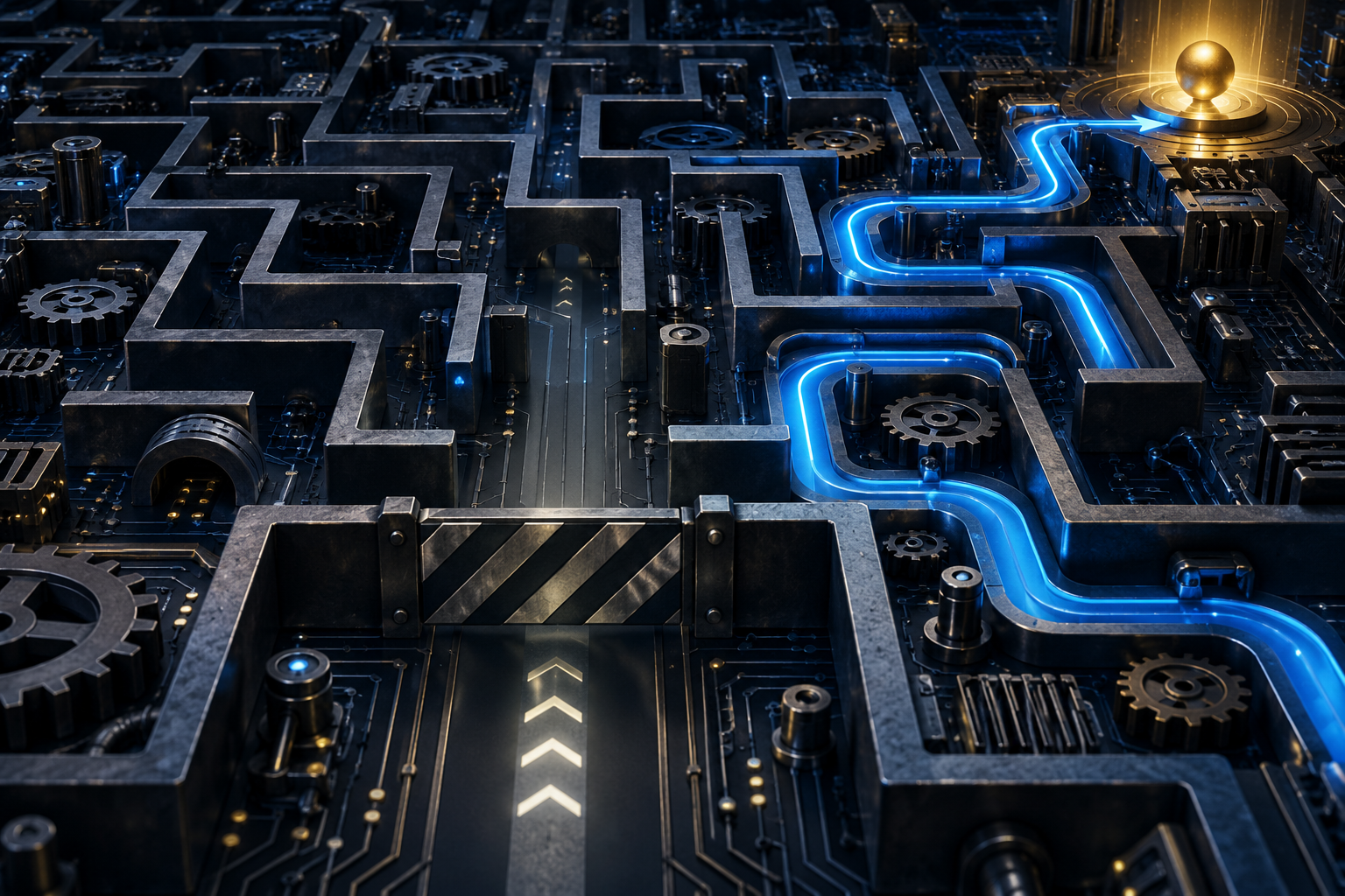 Illustration of an alternate illuminated route through a blocked mechanical maze